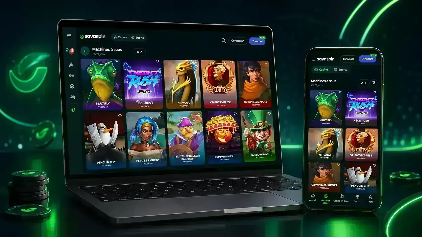 Interface Savaspin Casino France avec jeux sur ordinateur et mobile